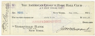 New York Yankees Payroll Check to Aaron Ward First Yankee to Get a Hit at New Yankee Stadium (1923)